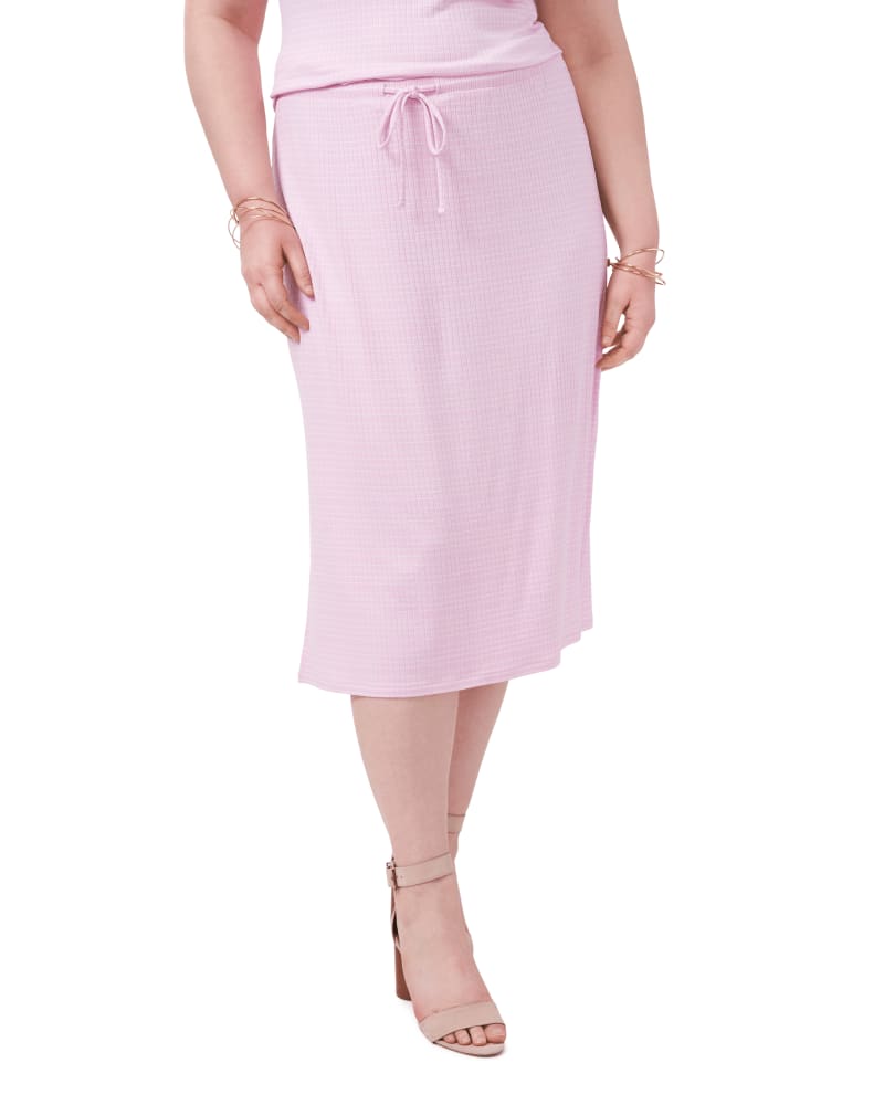 Front of a model wearing a size 1X Diana Drawstring Slit Skirt in MAGNOLIA PINK by 1.State. | dia_product_style_image_id:262566
